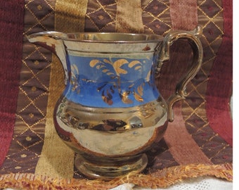 Antique Copper Luster Cream Pitcher, Blue And Reflective Copper Pitcher