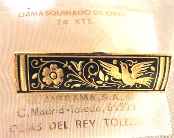 Beautiful 24K Gold Damascene Bar Pin/Brooch, Flying Bird With Flower, Toledo, Spain,  24K Gold Inlay