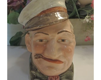 Vintage Majolica Tobacco Jar, The Captain,  Wears Cap with a Brim And Smokes A Cigar