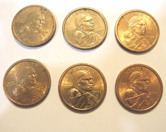 Six Sacagawea Gold Tone One Dollar Coins, Dated 2000 P