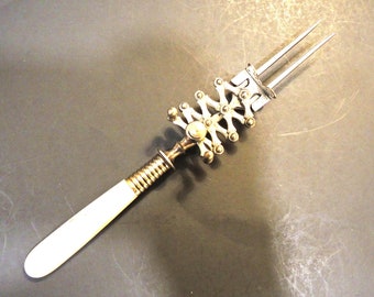 Antique Articulated Meat Fork, Two Prong Fork, Mother Of Pearl Handle