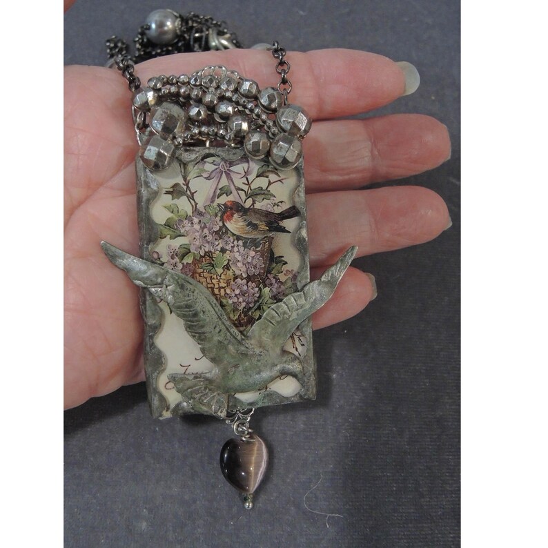 Soldered Glass Handmade Necklace, Mixed Media, Little Bird in A Nest of