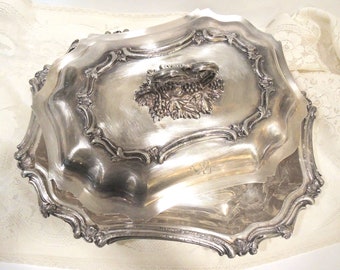 Two Piece Silver Plated Entre Dish, Reticulated Sides With Repousse Grape Removeable Handle, Lion Cartouche, Early 1800's