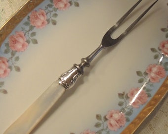 Mother Of Pearl Carving Fork, Sterling  Silver Neck With Monogram P, Measures 8 Inches