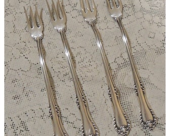 Set Of Four Vintage Reed & Barton Silver Plated Cocktail Or Seafood Forks, Carlton Pattern, Dated  June 30, 1896