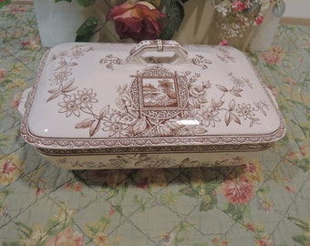 Antique Aesthetic Movement Brown And White Transferware, Footed Rectangular Casserole, Marked Maitland