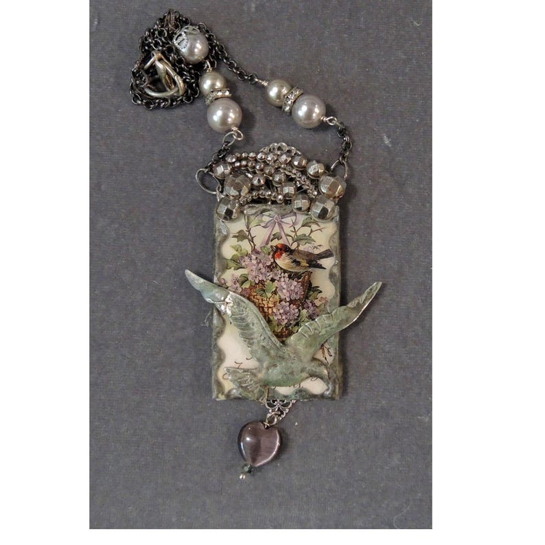 Soldered Glass Handmade Necklace, Mixed Media, Little Bird in A Nest of