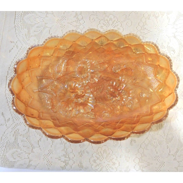 Vintage Marigold Carnival Glass Bowl, Oval Bowl With Floral Bottom And Scalloped Edge, 8 Inches