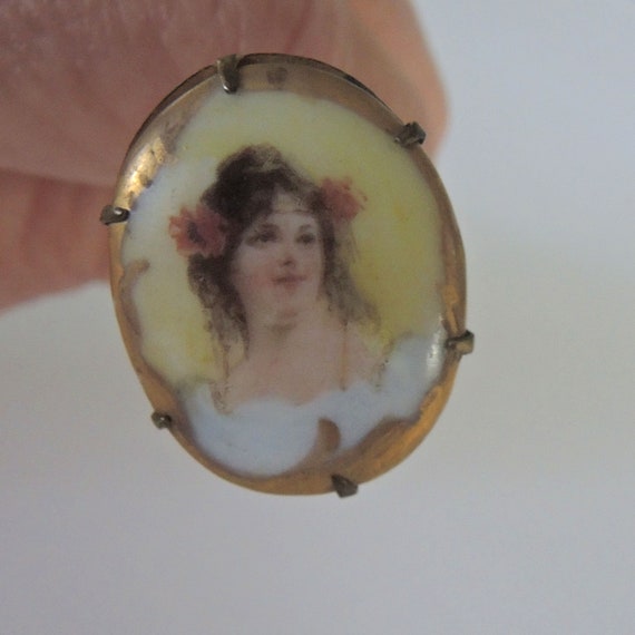 Antique Hat Pin, Hand Painted Porcelain Portrait H