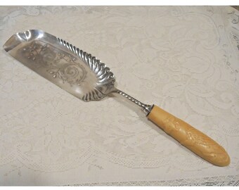 Gorgeous Victorian Table Crumber by Landers, Frary & Clark, Engraved Silver With Bakelite Faux Ivory Dragon Handle,