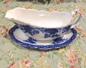 Antique Flow Blue And White Gravy Boat by W. H. Grindley With Underplate By Stanley Pottery, Co. England, In The Touraine Pattern