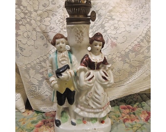 Staffordshire Couple Oil Lamp, Flat Back Hollow Oil Lamp, Brass Screw Top