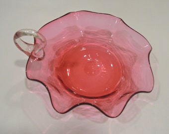 Cranberry Glass Bowl, Fluted Glass Bowl With Clear Handle