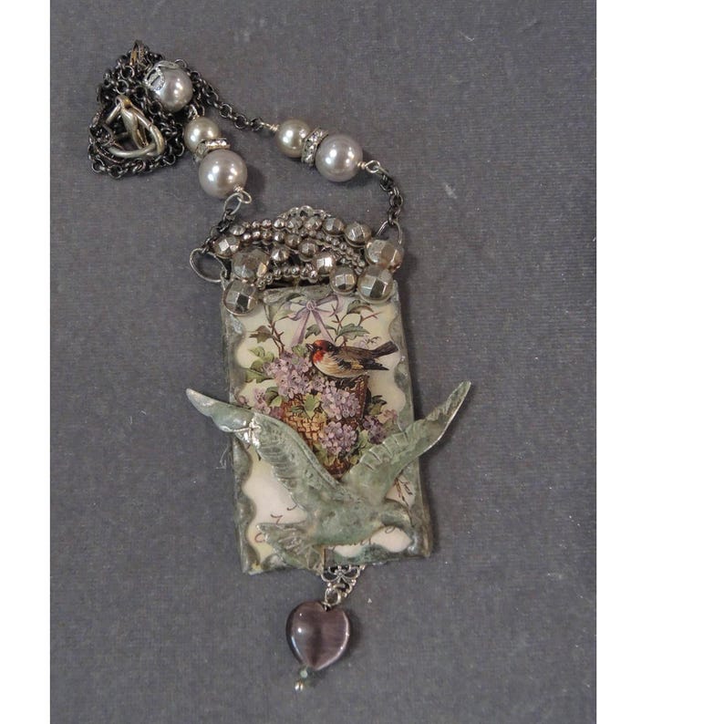Soldered Glass Handmade Necklace, Mixed Media, Little Bird in A Nest of