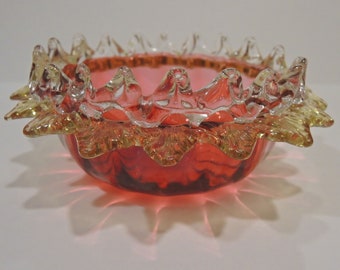 Magnificent Cranberry Glass Bowl With Gold Tone And Clear Applied Ruffle, Exquisite Collectable Bowl