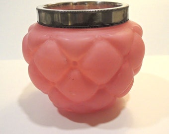 Antique Consolidated Glass, Quilted Satin Glass Biscuit Jar, Unusual and Rare Pink Satin Glass Jar With Silver Rim, Late 1800's