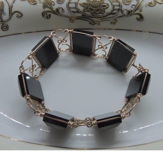 Art Deco Black Lucite And 14K Gold Filled Wire Br… - image 3