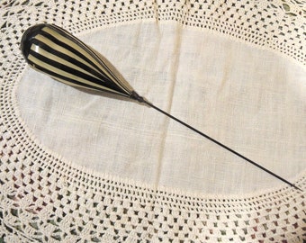 Antique Celluloid Hat Pin, Black And Cream Colored Striped Hat Pin From The Early 1900's