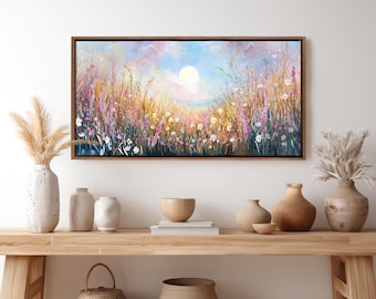Art mural champ, fleurs sauvages, grand paysage floral de lever de soleil, toile, décoration de ferme, 120 x 61 cm