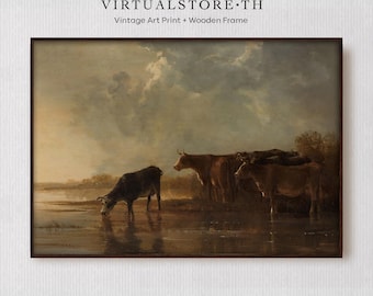 Framed River Landscape Art Print: Rustic Cows, Farmhouse Decor