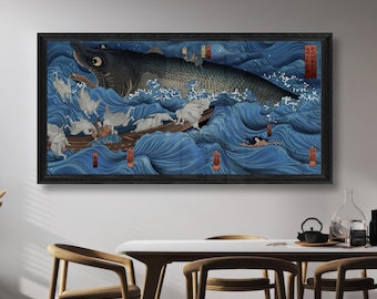 Art japonais vintage vagues bleues, impression ukiyo-e poisson géant, décoration murale Japandi