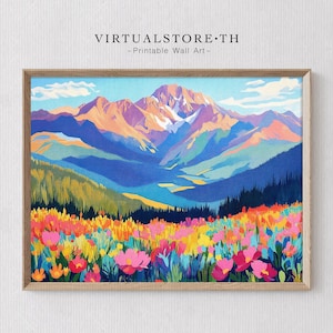 Colorful Rocky Mountain Wall Art, Flowers Landscape Painting, Cabin Decoration, Printable Digital Art, Downloadable for Instant Wall Decor