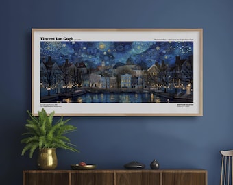 Impression panoramique Van Gogh Nocturne Cityscape, art mural inspiré de la nuit étoilée, poster encadré