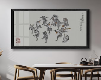 Impression artistique panoramique japonaise Ukiyo-e, grenouilles dansantes