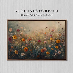 May include: A framed canvas print featuring a vibrant field of wildflowers in shades of yellow, orange, pink, and white. The artwork has a soft, painterly style and is set against a light background. The text "VIRTUALSTORE.TH" and "Canvas Print Frame Included" are at the top.