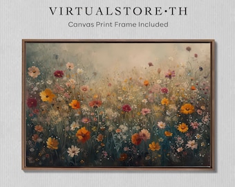 Framed Wildflower Oil Painting on Canvas: Vintage Floral Landscape Art (40&quot;x30&quot;)