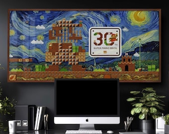 Poster encadré de Mario de style Van Gogh : oeuvre d'art pour la salle de jeux de la nuit étoilée