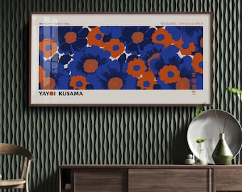 Art mural panoramique floral bleu inspiré de Yayoi Kusama #11, impression japonaise