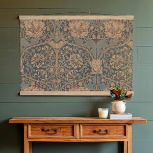 Botanical Textile Poster Art with Hanger, Large Blue Textile Wall Hanging, Vintage-Inspired Textile Print, Unique Home Decor Wall Art