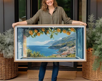 Amalfi Coast Window View Framed Poster: Italian Kitchen Decor