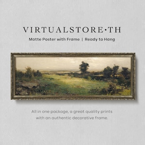 May include: A framed landscape painting with a gold frame. The painting depicts a field with trees in the background. The text "VIRTUALSTORE.TH" and "Matte Poster with Frame | Ready to Hang" is at the top of the image. The text "All in one package, a great quality prints with an authentic decorative frame." is at the bottom of the image.
