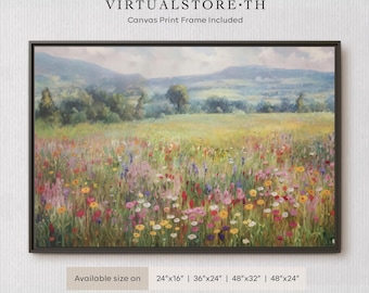 Wildflowers Field Canvas Print: Rustic Vintage Landscape Art