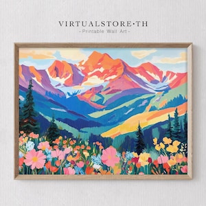 Bright Rocky Mountain Wall Art, Flower Landscape Painting, Cabin Decoration, Printable Digital Art, Instant Downloadable for Wall Decoration