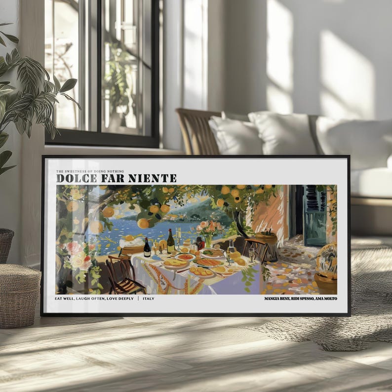 dolce far niente, pasta lover art, la dolce vita, wine and pasta art, italian language, amalfi coast print, positano italy, coastal window art, dolce far niente, dolce far niente art, dolce far niente print, dolce far niente art print, dolce far niente poster, poster dolce far niente, dolce far niente wall art, la dolce far niente, dolce far niente wall print, Mediterranean Window View Printable Art, Coastal Lemon Tree Wall Decor, Italian Seaside Landscape, Italy Food Kitchen Wall Art Painting