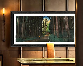 Poster encadré forêt japonaise vintage : Road to Nikko par Kawase Hasui, art mural panoramique