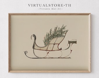 Elegant Santa Sleigh Printable Wall Art, Fir Tree Xmas Artwork for Printable, Xmas-Printful, Instant Download for Festive Home Decorations