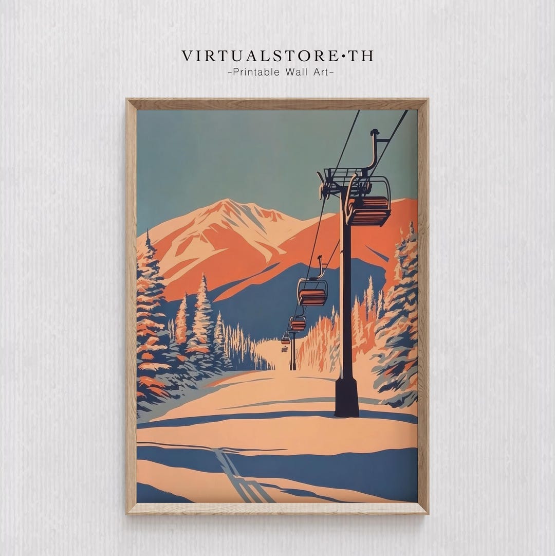 Retro Ski Resort Printable Wall Art, Ski Lift and Mountain Scene ...