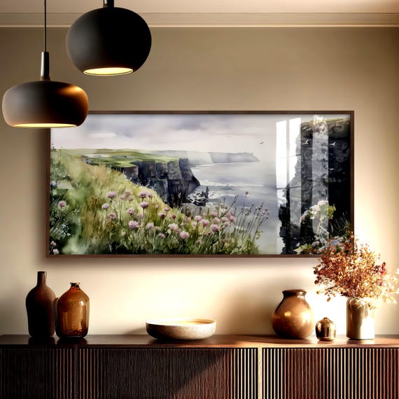 モハーの断崖 額入りポスター：アイルランド沿岸の水彩画、48x24インチ