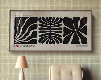 Poster floral encadré inspiré de Yayoi Kusama : décoration d'intérieur panoramique d'une exposition japonaise moderne
