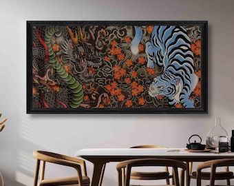 Grande décoration murale dragon et tigre blanc | Décoration vintage ukiyo-e