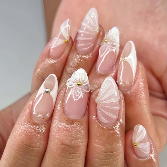 French Charming Graceful 3d Nail, Wedding Nail, Handpainted Gel