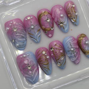 Dromerige bloemnagels, roze hartnagels, handgeschilderde gelnagels, bloemennagels, franse nagels, kerstnagels, amandelpers op de nagel, cadeau voor haar