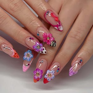 Graceful colorful flower Nails, Wedding Nails , Handpainted Gel Nails, Floral Nails,  french Nails,Christmas nails,Almond Press On Nail,Gift