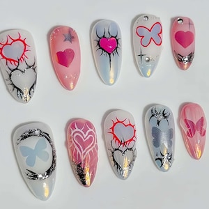 Shinning Silver Cool Nails, Wedding Nails , Handpainted Gel Nails, Floral Nails,  french Nails,Christmas nails,Almond Press On Nail,Gift