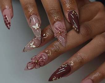 Dreamy 3D Flower Nails, Wedding Nails , Handpainted Gel Nails, Floral Nails,  french Nails,Christmas nails,Almond Press On Nail,Gift for her