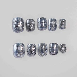 Exotic Stylish Sliver Nails,Wedding Nails , Hand painted Gel Nails, Floral Nails,  Christmas nails, Almond Press On Nail,Gift